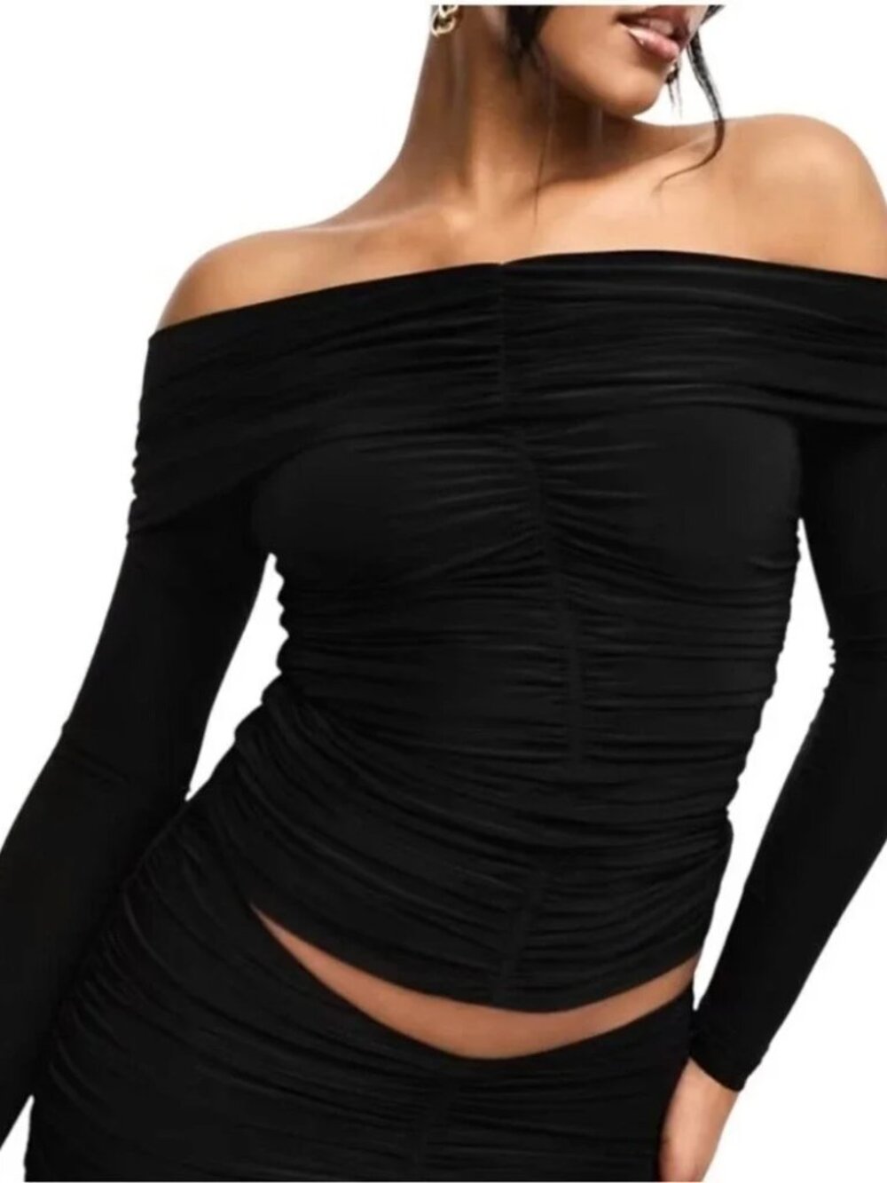 Naked Wardrobe Ruched Off Shoulder Black Long Sleeve Top Date Night - Size S